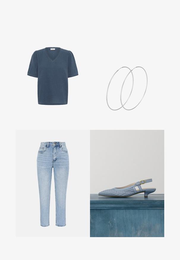 Kaffe KAMAI - T-shirt imprimé - ensign blue; Jean en denim bleu clair taille haute avec bouton et fermeture éclair à l'avant, deux poches avant et passants de ceinture, présenté sur fond blanc.; Chaussure slingback tissée bleu clair avec un bout pointu, un petit talon et un accent de boucle dorée. Tige en cuir lisse et semelle intérieure beige.; Boucles d'oreilles en argent au design minimaliste. Forme circulaire, texture lisse et profil fin. Légères avec une finition polie.