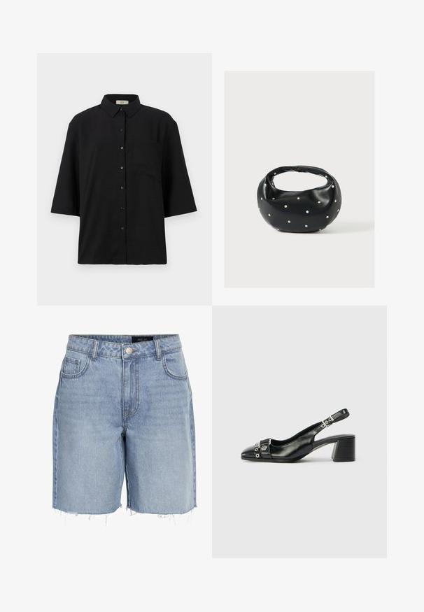 Sort kortærmet skjorte med knapper lavet af letvægtsstof. Har en klassisk krave og en enkelt brystlomme. Glat tekstur.; Lysblå denimshorts med høj talje, fem lommer, frayed kant og klassisk knaplukning. Fremstillet af blødt, struktureret stof.; Sorte læder slingback hæl med spids tå, tekstureret rem med cirkulære metalliske accenter, og en stablet blokhæl.; Sort læderhåndtaske med en rundet form, dekoreret med sølvnitter, og et kort håndtag. Glat tekstur og lynlåslukning.