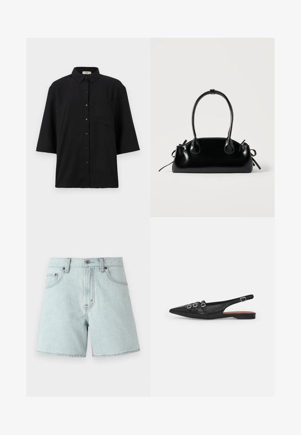 Sort kortærmet skjorte med knapper lavet af letvægtsstof. Har en klassisk krave og en enkelt brystlomme. Glat tekstur.; Lyseblå denimshorts med høj talje, der har to forlommer, en knaplukning og detaljer med sidesyning.; Sort læderslyngeflad sko med spids tå, der har to vandrette stropper og firkantede sølvspænder, lav hæl og glat tekstur.; Lille sort blank håndtaske med to lange håndtag og snøre-detaljer i siden på en ensfarvet lys baggrund.