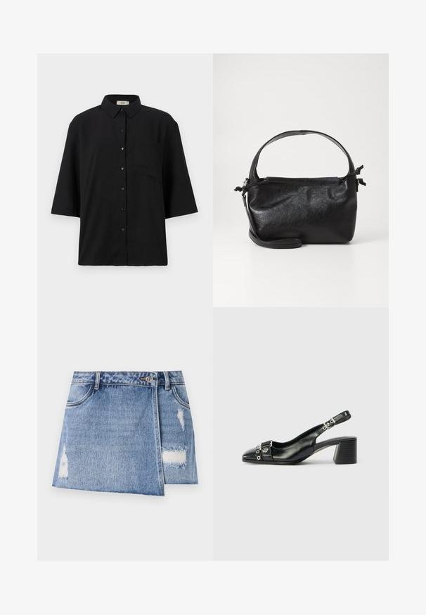 Sort kortærmet skjorte med knapper lavet af letvægtsstof. Har en klassisk krave og en enkelt brystlomme. Glat tekstur.; Lysblå denim miniskørt med slidte områder og distressed detaljer. Har en frontknaplukning og traditionelt fem-lommer design.; Sorte læder slingback hæl med spids tå, tekstureret rem med cirkulære metalliske accenter, og en stablet blokhæl.; Sort læderhåndtaske med et struktureret design, rund tophåndtag og aftagelig skulderrem. Den har en glat tekstur og en subtil glans.