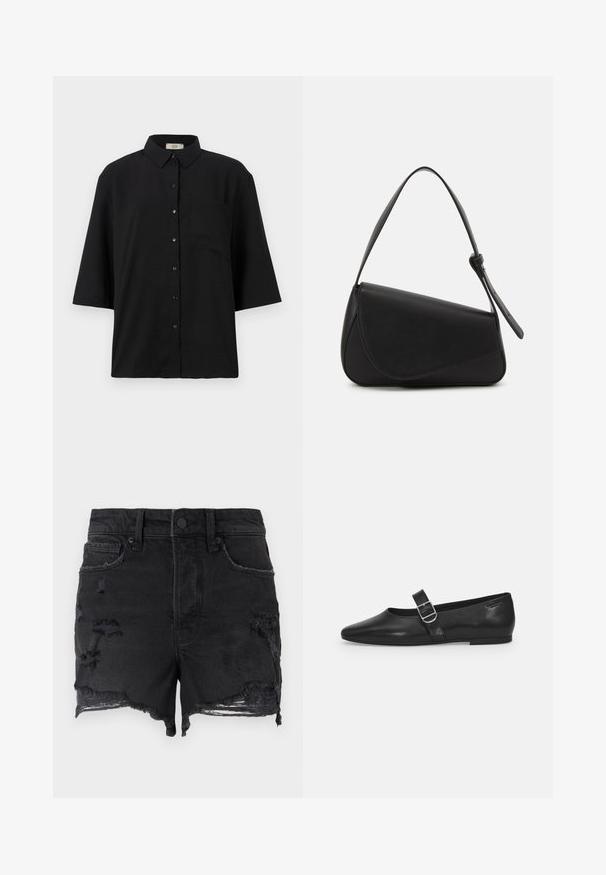 Sort kortærmet skjorte med knapper lavet af letvægtsstof. Har en klassisk krave og en enkelt brystlomme. Glat tekstur.; Good American Denimshorts - black; Sorte læder flade sko med rund tå, et enkelt justerbart spænde og en glat, blank overflade. Minimalistisk design med en lav hæl.; Sort læderhåndtaske med en triangular form, skrå klap og et rundt håndtag. Har en glat overflade og minimalistiske design detaljer.