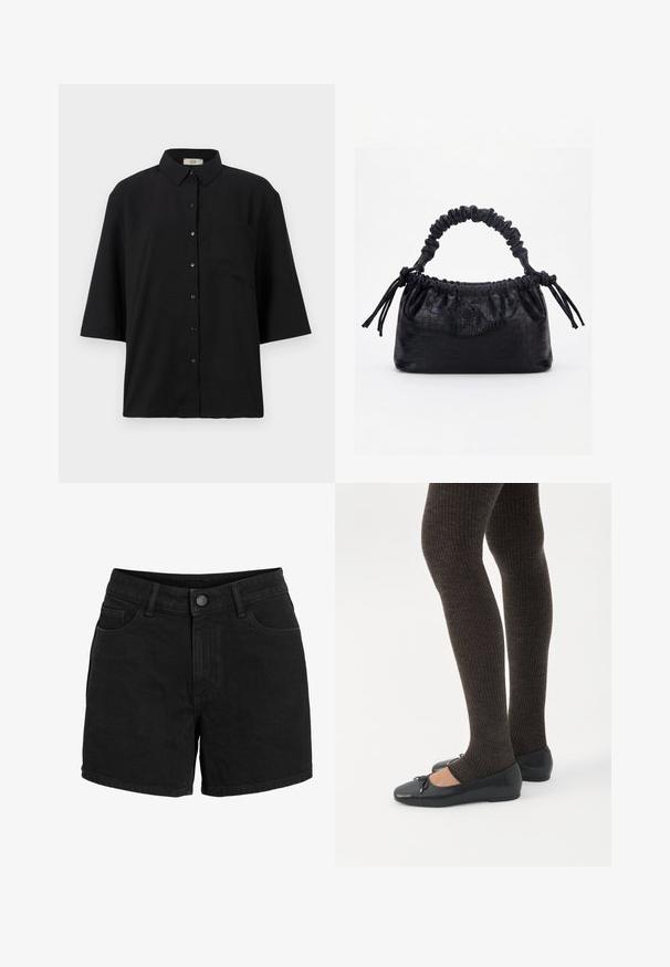 Sort kortærmet skjorte med knapper lavet af letvægtsstof. Har en klassisk krave og en enkelt brystlomme. Glat tekstur.; Sorte jeansshorts med knap- og lynlåslukning, bæltestropper, for- og baglommer, vist på en hvid baggrund.; Ben iført mørke ribbede leggings kombineret med sorte balletsko med små sløjfedetaljer på hvid baggrund.; Sort taske med krokodilletekstur, rynket øverste kant, samlet hank og snore med kvaster på hver side mod en hvid baggrund.
