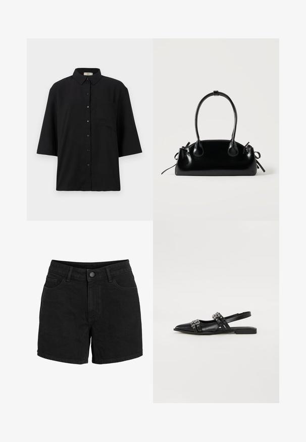 Schwarzes kurzärmliges Hemd mit Knopfleiste aus leichtem Stoff. Verfügt über einen klassischen Kragen und eine einzelne Brusttasche. Glatte Textur.; Schwarze Denim-Shorts mit Knopf- und Reißverschluss, Gürtelschlaufen, Vorder- und Gesäßtaschen, auf weißem Hintergrund dargestellt.; Even&Odd Sling-Ballerina - black; Kleine schwarze glänzende Handtasche mit zwei langen Griffen und seitlichen Kordelzug-Details vor einfachem hellem Hintergrund.