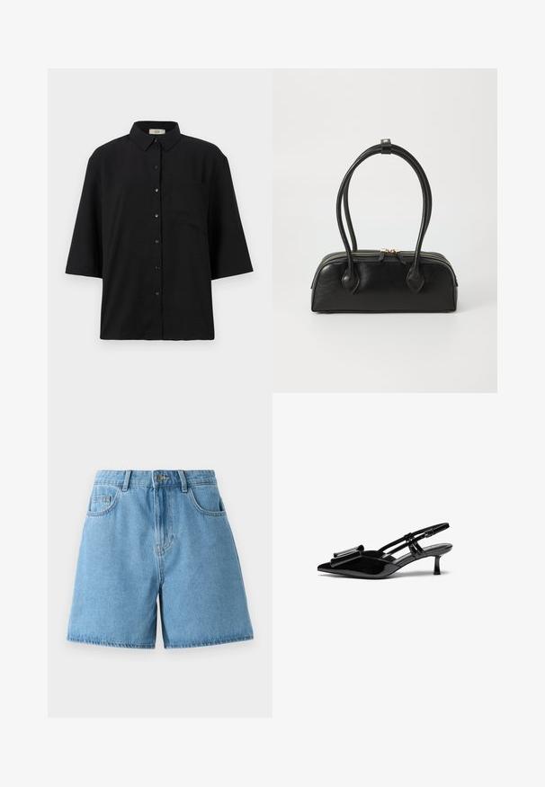 Schwarzes kurzärmliges Hemd mit Knopfleiste aus leichtem Stoff. Verfügt über einen klassischen Kragen und eine einzelne Brusttasche. Glatte Textur.; Hellblaue Jeansshorts mit hoher Taille, zwei Fronttaschen und Knopfverschluss. Der Stoff hat eine glatte Textur mit dezenter Ausbleichung.; Schwarze Lackleder-Slingbacks mit spitzer Zehenpartie, einer Schleifendetail an der Vorderseite und einem kleinen Stiletto-Absatz. Die Riemen haben verstellbare Schnallen.; Schwarze Lederhandtasche mit zwei verlängerten Griffen, Reißverschluss und runder Form; glatte Textur mit subtiler glänzender Oberfläche.