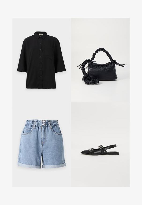 Zwarte kort-uit-sleeves knopen-overhemd van lichtgewicht stof. Bevat een klassieke kraag en een enkele borstzak. Gladde textuur.; Lichtblauwe denim shorts met een elastische tailleband, twee voorkruiden, omgeslagen zoom en dubbele knoopsluiting. Gladde textuur, casual ontwerp.; Even&Odd Slingback ballerina´s - black; Zwarte nepleer handtas met een krokodillenstructuur, opgedroogde bovenkant en een gekreukte hengsel. Het lijkt zacht en compact van ontwerp.