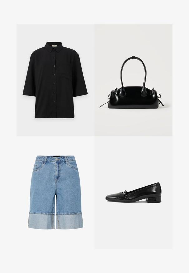Zwarte kort-uit-sleeves knopen-overhemd van lichtgewicht stof. Bevat een klassieke kraag en een enkele borstzak. Gladde textuur.; Leren denim shorts in lichtblauw met een opgerolde zoom, voorzien van een knoopsluiting, riemlussen en twee zijzakken. Soepele textuur en casual ontwerp.; Zwarte laarzen van gepatenteerd leer met een puntige neus, een lage vierkante hak en een kleine metalen gespdetail op de band. Gladde textuur.; Kleine zwarte glanzende handtas met twee lange hengsels en zijkant trekkoord details op een effen lichte achtergrond.