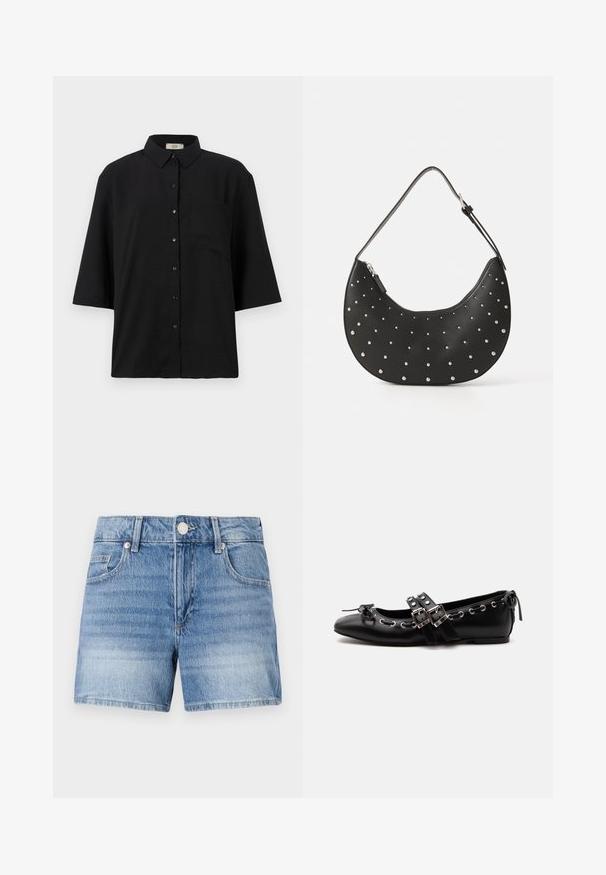 Camisa de botón de manga corta negra, hecha de una tela ligera. Presenta un cuello clásico y un único bolsillo en el pecho. Textura suave.; Pantalones cortos de mezclilla azul claro con botón frontal, cierre de cremallera, presillas para cinturón y bolsillos delanteros sobre un fondo blanco liso.; Zapato de ballet plano negro con correas de doble hebilla, ojales plateados y un pequeño lazo cerca de la puntera redondeada sobre un fondo blanco.; Bolso de mano de cuero negro con forma curva, adornado con tachuelas plateadas, cuenta con cierre de cremallera y una sola correa ajustable.
