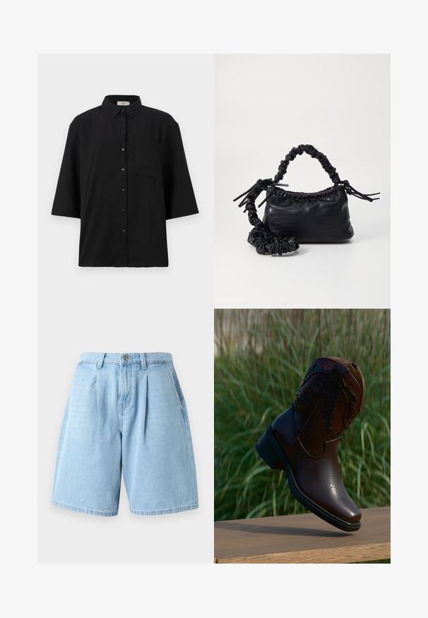 Zwarte kort-uit-sleeves knopen-overhemd van lichtgewicht stof. Bevat een klassieke kraag en een enkele borstzak. Gladde textuur.; Lichtblauwe denim shorts met een comfortabele pasvorm, voorzien van voorplooien, riemlussen en een klassieke vijf-pocket styling.; Donkerbruine leren cowboylaars met decoratief stiksel, schuin geplaatst op een houten oppervlak met op de achtergrond hoog gras.; Zwarte nepleer handtas met een krokodillenstructuur, opgedroogde bovenkant en een gekreukte hengsel. Het lijkt zacht en compact van ontwerp.