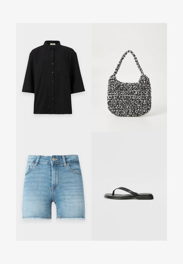 Schwarzes kurzärmliges Hemd mit Knopfleiste aus leichtem Stoff. Verfügt über einen klassischen Kragen und eine einzelne Brusttasche. Glatte Textur.; Jeansshorts in Hellblau mit rohem Saum, fünf Taschen und einem vorderen Knopfverschluss. Merkmale leichte Verblassung und einen klassischen Schnitt.; Schwarze Flip-Flops aus glattem Leder, mit einem dünnen Riemendesign und einer flachen Sohle mit minimalem Profil. Keine bemerkenswerten Muster oder Akzente.; Gewebte Handtasche in Schwarz und Weiß mit runder Form, strukturiertem Oberflächenfinish und geflochtener Grifffläche. Geeignet für den lässigen Gebrauch.