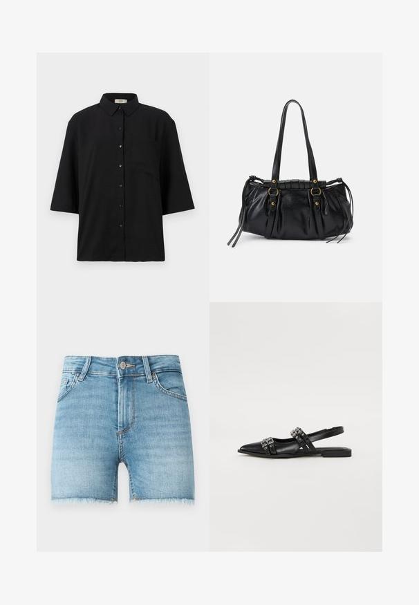 Zwarte kort-uit-sleeves knopen-overhemd van lichtgewicht stof. Bevat een klassieke kraag en een enkele borstzak. Gladde textuur.; Lichte blauwe denimshorts met een raw hem, vijf zakken en een sluiting met een voorknop. Bevat lichte vervaging en heeft een klassieke snit.; Even&Odd Slingback ballerina´s - black; Zwarte leren handtas met een afgeronde vorm, dubbele handvatten, decoratieve hardware accenten en details met zijstrikken. Smooth, glanzende textuur.