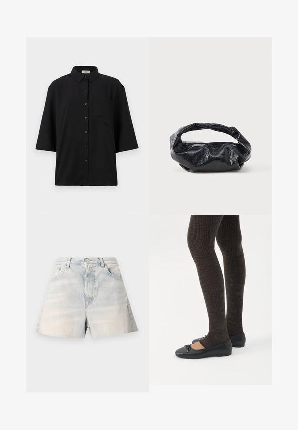 Camisa de botón de manga corta negra, hecha de una tela ligera. Presenta un cuello clásico y un único bolsillo en el pecho. Textura suave.; Pantalones cortos de mezclilla en azul claro con un acabado descolorido. Cuenta con cuatro bolsillos, trabillas para cinturón y cierre de botón. Diseño de pierna de corte recto.; Piernas con leggings oscuros acanalados combinados con bailarinas negras que presentan pequeños detalles de lazo sobre un fondo blanco.; Bolso negro hecho de un material brillante y texturizado con un asa circular retorcida y un cierre de cremallera. Presenta un diseño suave y arrugado.