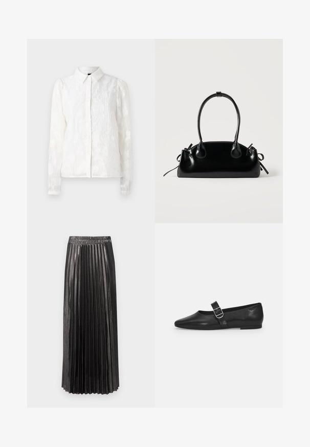Pieces PCJALA SHIRT - Blúzka so zapínaním na gombíky - cloud dancer; Čierna plisovaná maxi sukňa s elastickým pásom, s lesklým, textúrovaným povrchom a vertikálnymi plisami pozdĺž celej dĺžky.; Čierna kožená plochá obuv s okrúhlym nosom, jedným nastaviteľným pásikom so sponou a hladkým, lesklým povrchom. Minimalistický dizajn s nízkym podpätkom.; Malá čierna lesklá kabelka s dvoma dlhými rúčkami a bočnými šnúrkovými detailmi na jednoduchom svetlom pozadí.