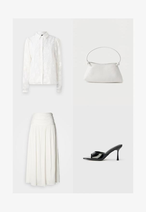 Pieces PCJALA SHIRT - Skjortebluser - cloud dancer; Lang hvid nederdel med bred rynket talje og bløde plisseringer, der flyder ned til kanten, vist på en ensfarvet baggrund.; Sorte patenterede læder open-toe mules med en smal strop og stiletto hæl. Glat tekstur og minimalistisk design med en flad sål.; Hvid fletlæderhåndtaske med afrundet håndtag og ender på remmen, der er knyttet, vist mod en ensfarvet baggrund.