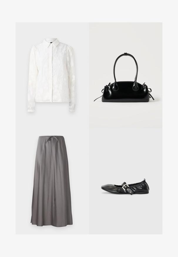 Pieces PCJALA SHIRT - Skjortebluser - cloud dancer; Grå maxi-nederdel lavet af glat, let stof. Har en elastisk talje med snørelukning og sidespidser for nem bevægelse.; Sorte læder flade sko med spids tå, samling detaljer omkring åbningen, og en sølv spænde accent på den justerbare rem.; Lille sort blank håndtaske med to lange håndtag og snøre-detaljer i siden på en ensfarvet lys baggrund.