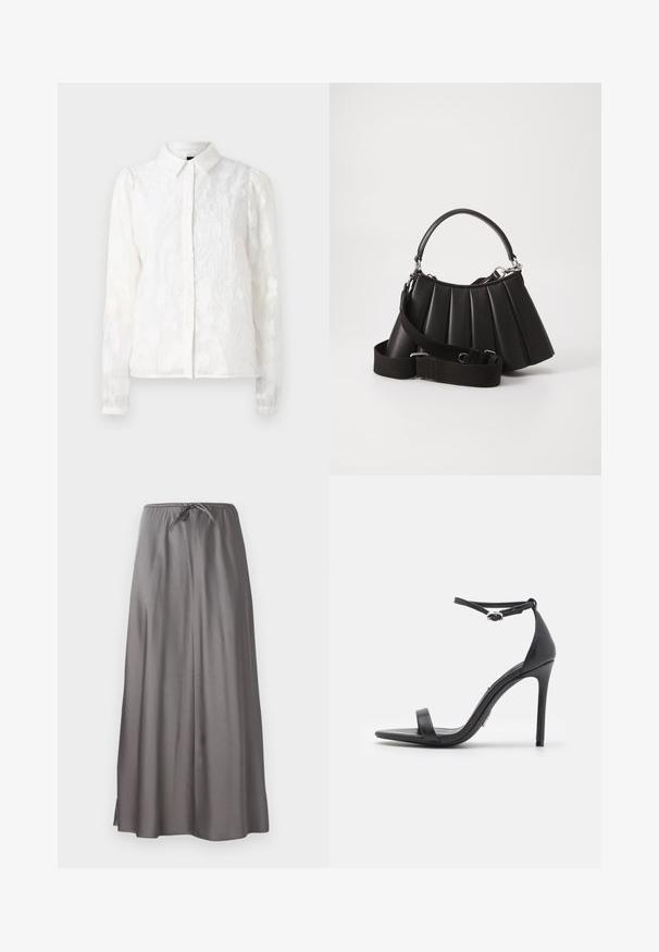 Pieces PCJALA SHIRT - Blúzka so zapínaním na gombíky - cloud dancer; Sivá maxi sukňa vyrobená z hladkej, ľahkej tkaniny. Obsahuje elastický pás so sťahovacou šnúrkou a bočnými rozparkami pre pohodlný pohyb.; Čierne sandále na vysokom podpätku s otvorenou špičkou, tenkými remienkami a prackou na členku. Hladká kožená textúra s dizajnom so špicatou špičkou.; Čierna plisovaná kabelka s okrúhlou rukoväťou, nastaviteľným popruhom a lesklou textúrou. Obsahuje strieborné kovanie a štruktúrovaný siluetu.