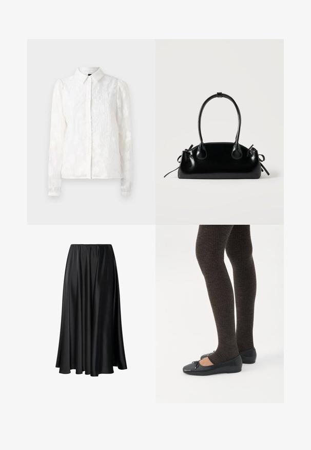 Pieces PCJALA SHIRT - Hemdbluse - cloud dancer; Schwarze Maxirock aus glattem Stoff, mit elastischem Taillenbund, voluminöser Silhouette und fließendem Saum ohne sichtbare Muster oder Details.; Beine in dunklen, gerippten Leggings kombiniert mit schwarzen Ballerinas mit kleinen Schleifendetails auf weißem Hintergrund.; Kleine schwarze glänzende Handtasche mit zwei langen Griffen und seitlichen Kordelzug-Details vor einfachem hellem Hintergrund.