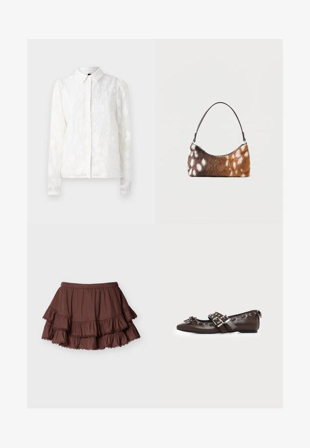 Pieces PCJALA SHIRT - Hemdbluse - cloud dancer; Brauner gestufter Minirock mit elastischem Bund und spitzenbesetzten Rüschen vor schlichtem hellem Hintergrund.; Dunkelbrauner flacher Lederschuh mit spitzer Spitze, doppelten silbernen Schnallenriemen, Metallösen und dekorativer Schleife vorne.; Schultertasche mit braun-weiß geflecktem Kunstpelz und einem dünnen schwarzen Riemen, dargestellt vor weißem Hintergrund.