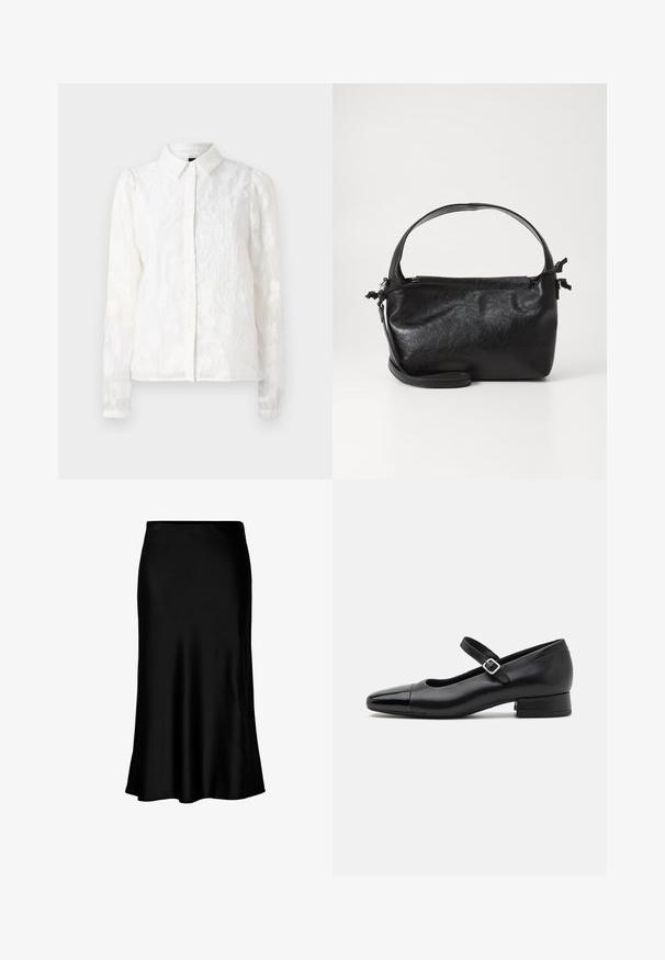Pieces PCJALA SHIRT - Hemdbluse - cloud dancer; Schwarzer Satin-Midi-Rock mit glatter Textur, ausgestellt am Saum und mit einem taillierten Bund, der ein einfaches, klassisches Design aufweist.; Schwarze Leder-Mary-Jane-Schuhe mit einer patentierten Zehenkappe, verstellbarem Knöchelriemen und niedrigem Blockabsatz. Glatte Textur und elegantes Design.; Schwarze Lederhandtasche mit strukturiertem Design, rundem Haltegriff und abnehmbarem Schulterriemen. Sie weist eine glatte Oberfläche und einen subtilen Glanz auf.