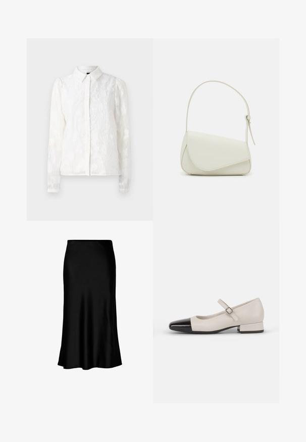 Pieces PCJALA SHIRT - Blusa - cloud dancer; Falda midi de satén negro con una textura suave, dobladillo acampanado y una cinturilla ajustada, que presenta un diseño simple y clásico.; Zapato estilo Mary Jane en cuero crema con puntera de charol negro. Presenta una punta redonda, tirante en el tobillo con una hebilla cuadrada y un tacón bajo y cuadrado.; Bolso de mano de imitación cuero blanco con una forma triangular estructurada, correa ajustable única y cierre con solapa acentuada en curva.