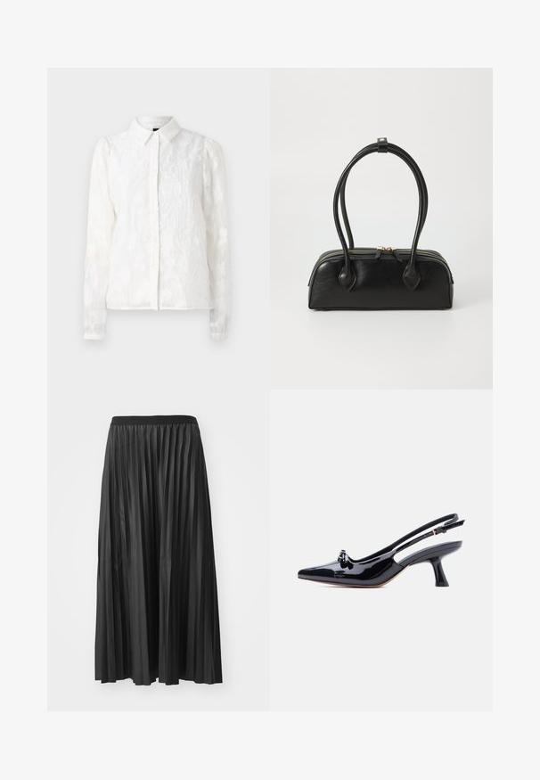 Pieces PCJALA SHIRT - Nööpidega pluus - cloud dancer; Mustmustri pleated maxi seelik, millel on sile tekstuur ja elastne vöökoht, vertikaalsete voldikutega, mis loovad mahu ja liikumise.; Mustast lakknahast tagant rihmaga king terava varbaosaga, väikese sõlme detaili ja lehviva keskmise kõrgusega kandiga valgel taustal.; Must mustroheline nahast käekott kahe pikema käepidemega, lukuga ja ümar kuju; sile tekstuur kerge läikiva viimistlusega.