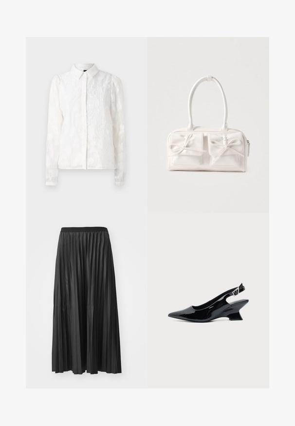 Pieces PCJALA SHIRT - Overhemdblouse - cloud dancer; Zwarte geplisseerde maxi rok met een gladde textuur en een elastische tailleband, met verticale plooien die volume en beweging creëren.; Zwarte lakleren slingback schoen met spitse neus en lage schuine blokhak op een effen lichte achtergrond.; Witte synthetische handtas met twee voorzakken, elk voorzien van een gebonden strikdetail. Soepele textuur, afgeronde handgrepen en een ritssluiting.