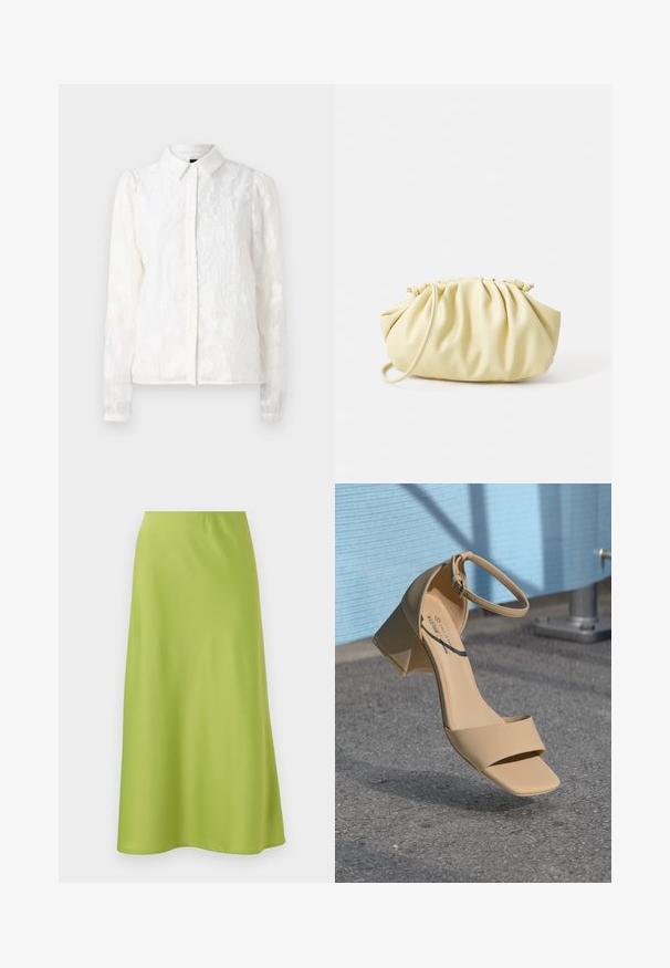 Pieces PCJALA SHIRT - Blusa - cloud dancer; Falda de longitud media en una suave y vibrante tela verde lima. Presenta un diseño simple y ajustado con una cinturilla elástica y una silueta fluida.; Sandalia de tacón cuadrado en color beige, con un diseño minimalista de correas y hebilla en el tobillo. Material suave y mate sobre una superficie gris.; Bolso amarillo plisado hecho de cuero sintético suave, con una forma blanda y una sola correa para el hombro, además de un diseño de parte superior recogida.