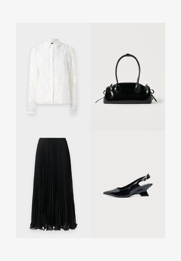 Pieces PCJALA SHIRT - Hemdbluse - cloud dancer; Schwarzer plissierter Midirock aus transparentem Stoff mit einem elastischen Bund, auf weißem Hintergrund flach dargestellt.; Schwarzer Slingback-Schuh aus Lackleder mit spitzer Spitze und niedrigem, schrägem Blockabsatz auf einfachem hellem Hintergrund.; Kleine schwarze glänzende Handtasche mit zwei langen Griffen und seitlichen Kordelzug-Details vor einfachem hellem Hintergrund.
