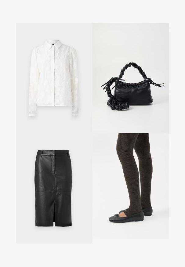 Pieces PCJALA SHIRT - Nööpidega pluus - cloud dancer; Mustast nahast pliiatsseelik, millel on ees lõhik, sujuva tekstuuriga, kahe küljetaskuga ja sobiva siluetiga.; Jalad seljas tumedad soonelises soonelises kombines mustade baleriinadega, millel on väikesed paelade detailid valgel taustal.; Must must sünteetilisest nahast käekott, millel on krokodillimuster, kokku tõmmatav ülaosa ja kortsus rihm. Tundub pehme ja kompaktne disain.