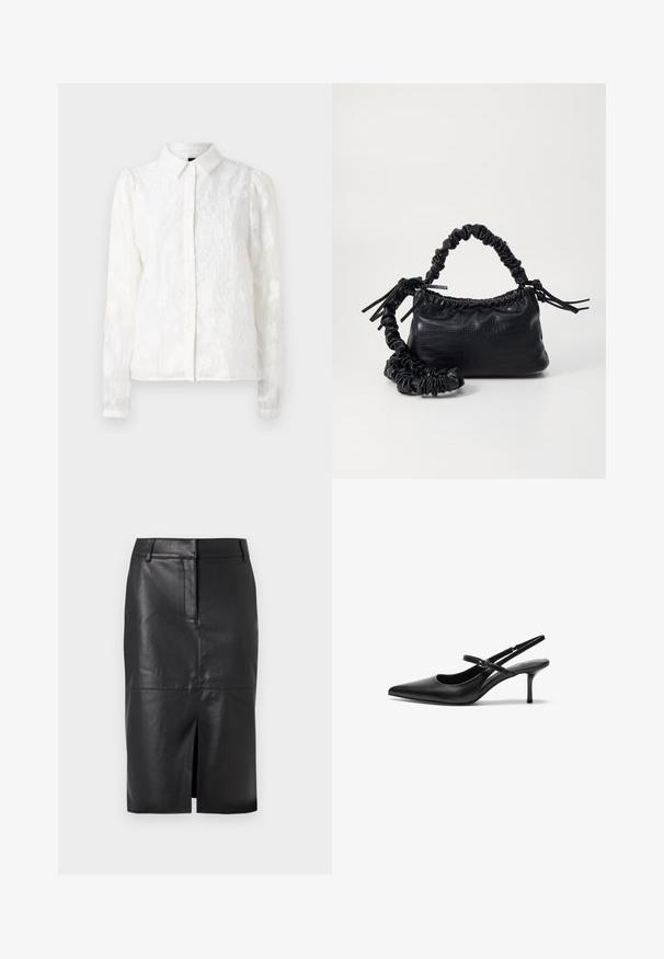 Pieces PCJALA SHIRT - Skjortebluser - cloud dancer; Sort læder blyantskørter med en forslidser, der har en glat tekstur, to sidelommer og en tætsiddende silhuet.; Sorte læder slingback hæle med spids tå, slank justerbar rem og en stiletto hæl på cirka 5 cm, glat tekstur.; Sort kunstlæder håndtaske med krokodilteksur, indsnøret top og en sammenkrøben rem. Ser blød og kompakt ud i designet.