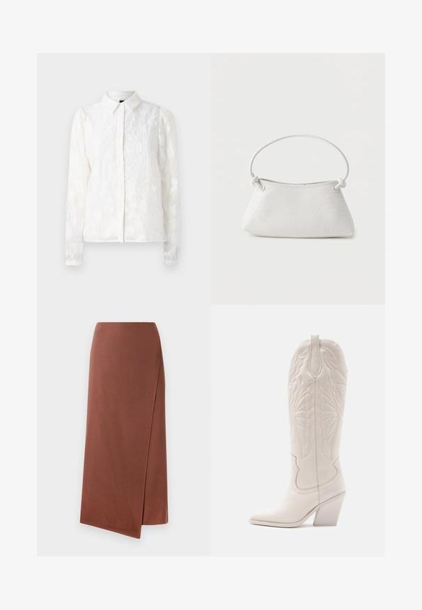 Pieces PCJALA SHIRT - Skjortebluser - cloud dancer; Brun, lang omslagskjørt i et glat stof med en lige silhuet. Har en sideslids for nem bevægelse. Ensfarvet design uden mønstre.; Hvide læder cowboystøvler med spidse tæer og blokhæle. Har intrikate syninger på skaftet og en glat tekstur.; Hvid fletlæderhåndtaske med afrundet håndtag og ender på remmen, der er knyttet, vist mod en ensfarvet baggrund.