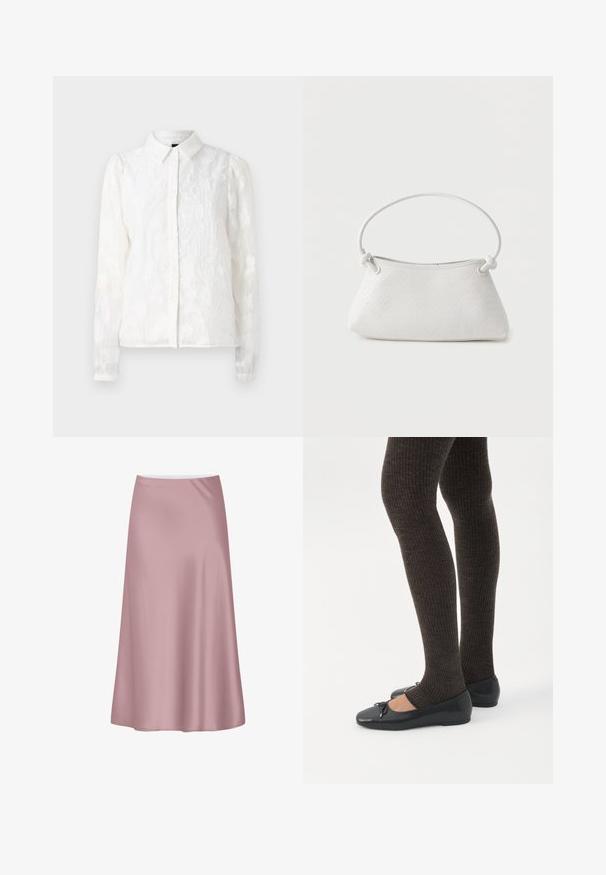 Pieces PCJALA SHIRT - Blusa - cloud dancer; Falda midi de satén rosa suave con una silueta en línea A y una tela lisa y fluida.; Piernas con leggings oscuros acanalados combinados con bailarinas negras que presentan pequeños detalles de lazo sobre un fondo blanco.; Bolso de mano de cuero blanco tejido con asa redondeada y extremos de la correa anudados, exhibido sobre un fondo liso.