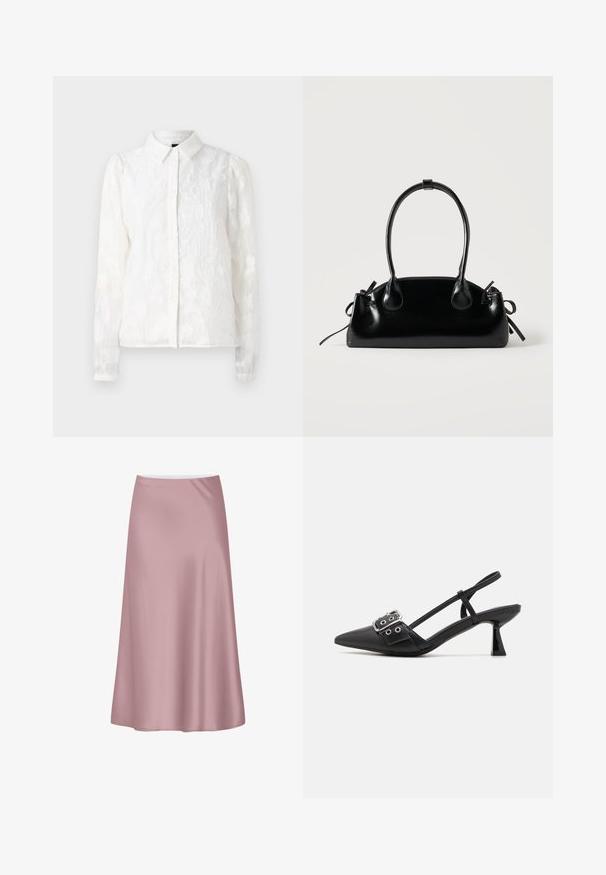 Pieces PCJALA SHIRT - Hemdbluse - cloud dancer; Sanfter rosa Satin-Midirock mit A-Linien-Silhouette und glattem, fließendem Stoff.; Simmi London DALA - Pumps - black; Kleine schwarze glänzende Handtasche mit zwei langen Griffen und seitlichen Kordelzug-Details vor einfachem hellem Hintergrund.