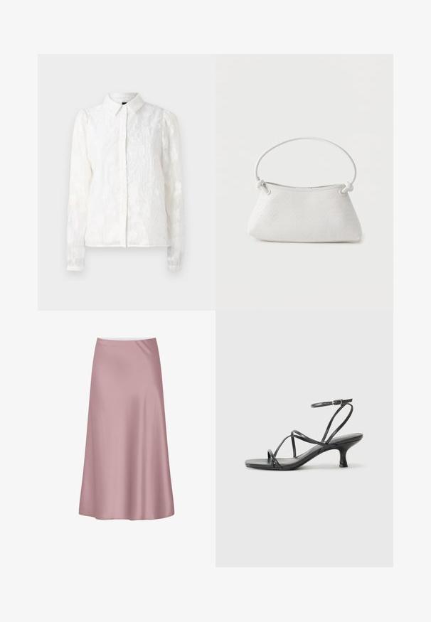 Pieces PCJALA SHIRT - Skjortebluser - cloud dancer; Blød lyserød satin midi-nederdel med A-formet silhuet og glat, flydende stof.; Sorte hælede sandaler med tynde stropper, åbent tådesign og en lille, flared hæl. Materialet ser glat og blankt ud.; Hvid fletlæderhåndtaske med afrundet håndtag og ender på remmen, der er knyttet, vist mod en ensfarvet baggrund.