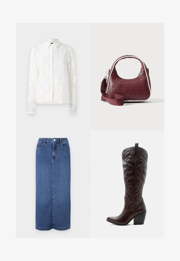 Pieces PCJALA SHIRT - Hemdbluse - cloud dancer; Maxi-Rock aus Denim in Dunkelblau, mit geradem Schnitt, Bund mit Knopfverschluss und minimalistischen Nähten.; Hoher dunkelbrauner Leder-Cowboystiefel mit gestickten dekorativen Mustern, spitzer Spitze und gestapeltem Blockabsatz.; Dunkelrote gewebte Ledertasche mit gebogenem Griff, weißem Besatz, silbernem Reißverschluss und abnehmbarem breitem Stoff-Schulterriemen vor einfarbigem Hintergrund.