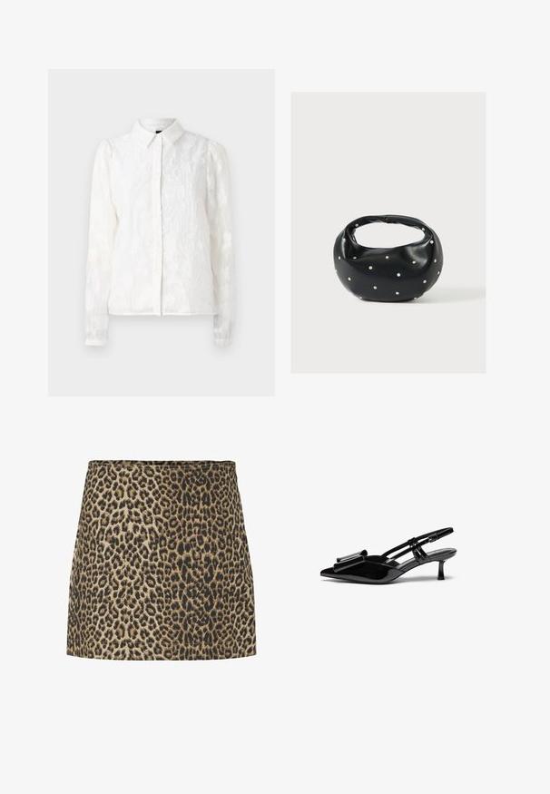 Pieces PCJALA SHIRT - Hemdbluse - cloud dancer; Leopardenmuster-Minirock in Beige und Schwarz, aus weichem Stoff mit glatter Textur und geradem Schnitt, mit einem einfachen Bund.; Schwarze Lackleder-Slingbacks mit spitzer Zehenpartie, einer Schleifendetail an der Vorderseite und einem kleinen Stiletto-Absatz. Die Riemen haben verstellbare Schnallen.; Schwarze Lederhandtasche mit abgerundeter Form, verziert mit silbernen Nietenakzenten und kurzem Griff. Glatte Struktur und Reißverschlussverschluss.