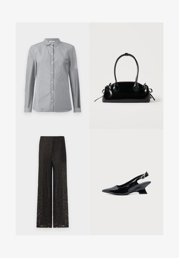 Stribet button-up skjorte i sort og hvid bomuldsstof. Har en klassisk krave og lange ærmer med knapmanchetter.; Sorte blonde bukser med vid ben, der har et blomstermønster, struktureret overflade, høj talje og en løs pasform for komfort og stil.; Sort laklæder slingback sko med spids tå og lav vinklet blokhæl på ensartet lys baggrund.; Lille sort blank håndtaske med to lange håndtag og snøre-detaljer i siden på en ensfarvet lys baggrund.
