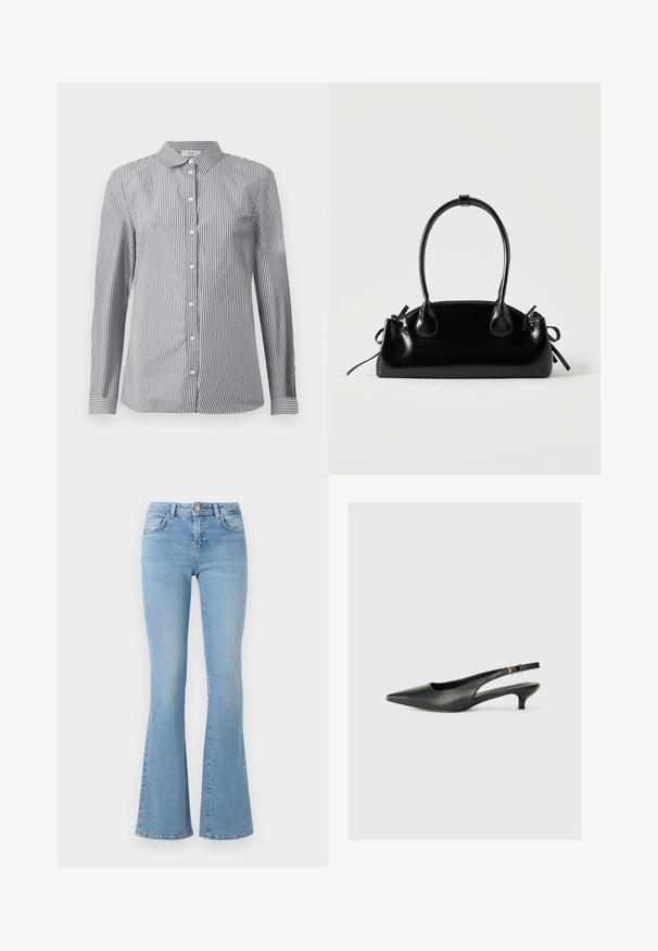 Stribet button-up skjorte i sort og hvid bomuldsstof. Har en klassisk krave og lange ærmer med knapmanchetter.; Lysblå løse jeans med høj talje, lavet af denim. Har fem lommer og en knaplukning. Glat tekstur med let falmning.; Sorte spidse slingback-sko lavet af glat læder. Har en tynd hæl og en spænde detalje på den justerbare rem.; Lille sort blank håndtaske med to lange håndtag og snøre-detaljer i siden på en ensfarvet lys baggrund.