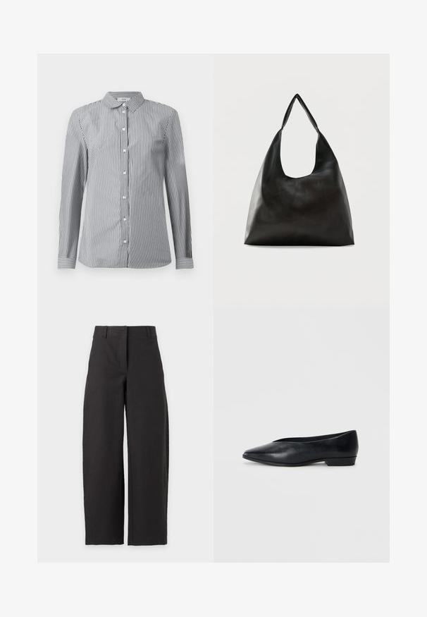 Stribet button-up skjorte i sort og hvid bomuldsstof. Har en klassisk krave og lange ærmer med knapmanchetter.; Sorte bukser med vide ben, høj talje og bæltestropper, vist mod en hvid baggrund.; Sorte læder flade sko med spids tå, let hævet hæl og glat overflade. Simpelt design uden synligt hardware eller mønstre.; Sort skuldertaske i glat læder med en bred, enkelt strop og et afslappet, minimalistisk design mod en ensfarvet baggrund.