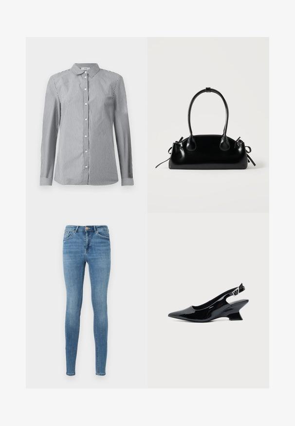 Stribet button-up skjorte i sort og hvid bomuldsstof. Har en klassisk krave og lange ærmer med knapmanchetter.; Blå høj talje skinny jeans med forlommer, bæltestropper, knaplukning og subtil falmning på lår og knæ.; Sort laklæder slingback sko med spids tå og lav vinklet blokhæl på ensartet lys baggrund.; Lille sort blank håndtaske med to lange håndtag og snøre-detaljer i siden på en ensfarvet lys baggrund.