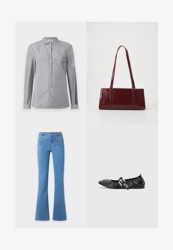 Stribet button-up skjorte i sort og hvid bomuldsstof. Har en klassisk krave og lange ærmer med knapmanchetter.; Lyseblå jeans med højt talje, foran lukket med knap, to forlommer med lapper og vidde i benet.; Sorte læder flade sko med spids tå, samling detaljer omkring åbningen, og en sølv spænde accent på den justerbare rem.; Bordeaux håndtaske lavet af glansfuldt materiale, rektangulær form, med to skulderremme og subtile buede detaljer på forsiden.
