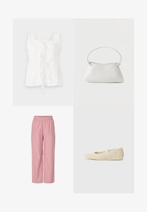 Haut sans manches blanc avec des plis, une bordure en dentelle et un nœud à l'avant. Le tissu présente des détails brodés et un ourlet festonné.; Pantalons larges à rayures roses avec une taille élastique. Fabriqués en tissu léger avec une texture lisse. Présentent de subtiles rayures verticales.; Ballerines beiges avec une exterior en cuir lisse, un bout en forme d'amande et une sangle élastique sur le coup de pied, avec des détails de couture subtils.; Sac à main en cuir tressé blanc avec poignée arrondie et extrémités de lanière nouées, présenté sur un fond uni.
