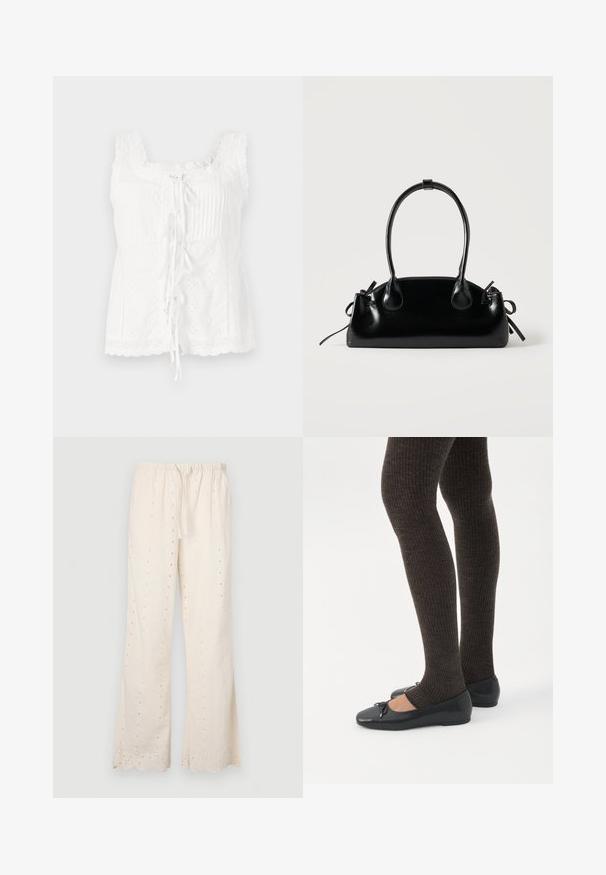 Haut sans manches blanc avec des plis, une bordure en dentelle et un nœud à l'avant. Le tissu présente des détails brodés et un ourlet festonné.; Pantalons de couleur crème, amples, avec une taille élastique, un cordon de serrage et des détails en œillets le long du tissu et de l'ourlet. Bords en dents de scie.; Jambes portant des leggings côtelés foncés associés à des ballerines noires avec de petits détails en nœud sur fond blanc.; Petit sac à main noir brillant avec deux longues anses et des détails à cordon sur les côtés sur un fond clair uni.