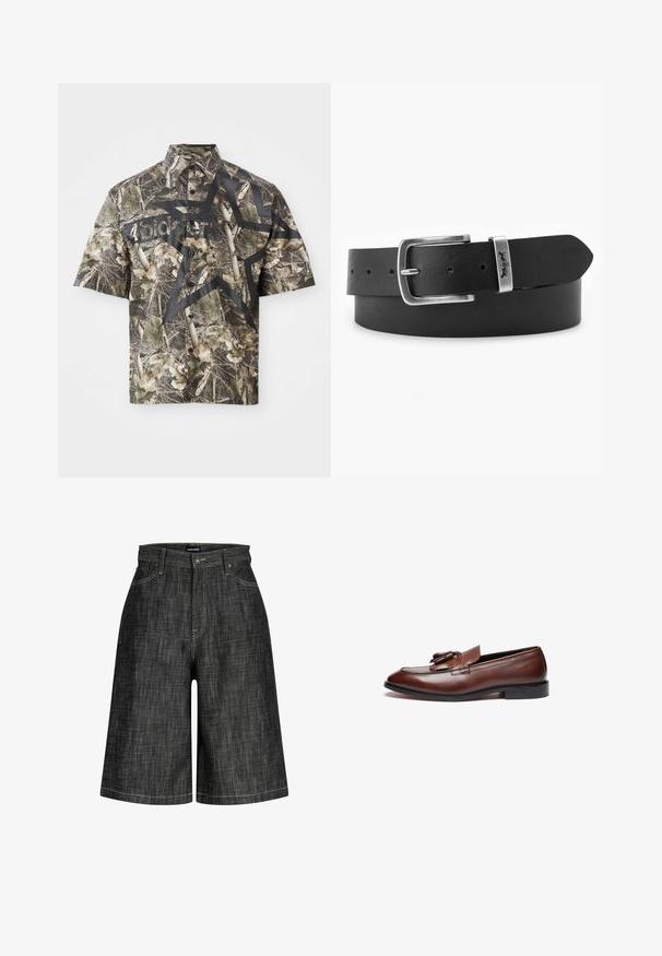 Kortærmet skjorte med knaplukning i camouflage mønster, prydet med et stort sort stjernegrafik og tekst på forsiden, samt klassisk krave og knaplukning.; Sorte denim knælange shorts med forlommer, bæltestropper og knaplukning i taljen.; Brune læder loafers med en glat finish, dekorative kvaster, en rund tå og en lav sort gummisål.; Sort læderbælte med spænde i sølvfarvet rektangulær form og en logoaccent. Har flere huller til justerbar størrelse og en glat tekstur.