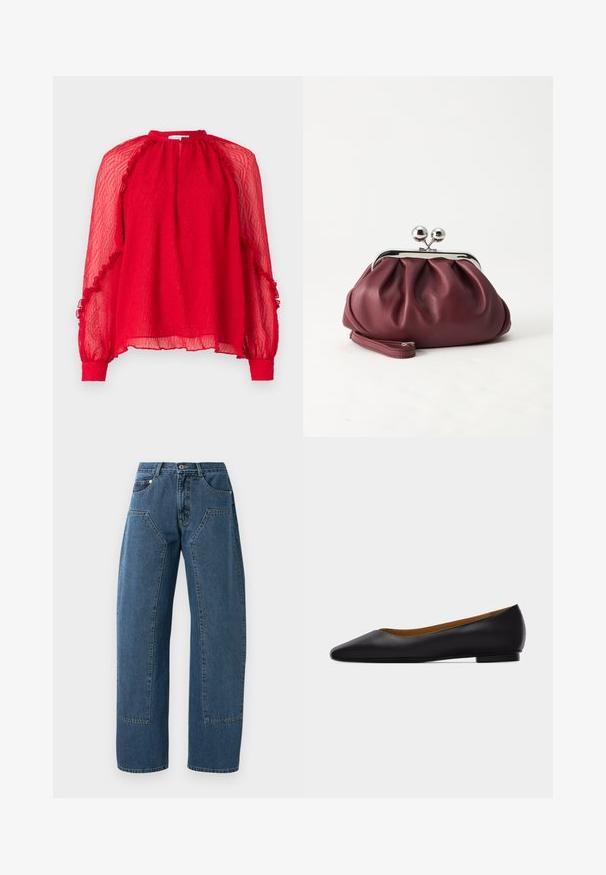 Hofmann Copenhagen XENIA - Blouse - kissmered; Blauwe denim jeans met wijde benen, grote voorzakken, knoopsluiting en riemlussen.; Zwarte leren puntschoen met lage hak en gladde afwerking, zijaanzicht op een lichtgrijze achtergrond.; Kleine bordeauxrode leren clutch-portemonnee met zilverkleurige metalen sluiting en polsbandje op een witte achtergrond.