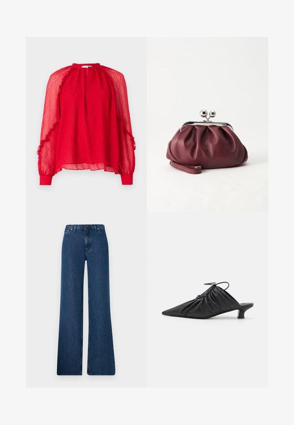 Hofmann Copenhagen XENIA - Blouse - kissmered; Blauwe denim flared jeans met een hoge taille, vijf-pocket ontwerp en metalen knoopsluiting. Gladde textuur, casual stijl en minimale stiksels.; Zwarte leren instappers met een spitse neus, gegatherde textuur en een kleine kittenhiel. Heeft een trekkoorddetail aan de opening.; Kleine bordeauxrode leren clutch-portemonnee met zilverkleurige metalen sluiting en polsbandje op een witte achtergrond.