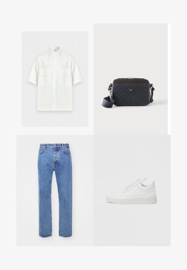 Chemise blanche à manches courtes avec col et deux poches à rabat sur le devant, présentée sur un fond clair uni.; Won Hundred STEVE - Jean boyfriend - cut blue; Baskets en cuir blanc avec un embout arrondi, une semelle plate et un laçage à l'avant. Présentent des détails de couture et un col rembourré pour plus de confort.; Sac bandoulière rectangulaire bleu foncé avec sangle réglable, fermeture éclair et motif subtil du logo sur le panneau avant.