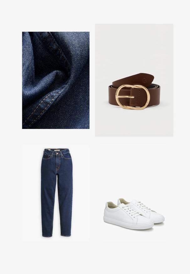 Tissu en denim bleu foncé avec une légère brillance, présentant une texture douce et froissée ainsi qu'une couture visible en fil beige contrastant.; Jean en denim bleu foncé avec une taille haute, un design à cinq poches et des jambes droites. Couture contrastée et fermeture à boutons.; Baskets blanches en cuir avec une texture lisse, bout rond et semelles en caoutchouc plates. Présentent des lacets et un design minimaliste sans motifs.; Ceinture en cuir marron avec une grande boucle ovale en ton doré. Texture lisse avec un bord soigneusement surpiqué. Longueur ajustable pour un meilleur ajustement.