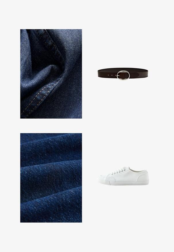 Tissu en denim bleu foncé avec une légère brillance, présentant une texture douce et froissée ainsi qu'une couture visible en fil beige contrastant.; Tissu en denim bleu foncé avec une texture subtile, présentant des coutures visibles et un léger éclat, mettant en valeur des plis adoucis et des nuances variées.; Baskets basses en toile blanche, à lacets sur le devant, semelle en caoutchouc et bout texturé, vues de côté extérieur sur fond blanc.; Ceinture en cuir brun foncé avec boucle ronde en argent et trois trous de réglage sur fond blanc.