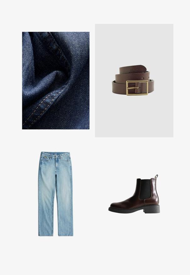 Tissu en denim bleu foncé avec une légère brillance, présentant une texture douce et froissée ainsi qu'une couture visible en fil beige contrastant.; Jean en denim bleu clair avec jambes droites, fermeture à bouton et zip à l’avant, passants de ceinture, poches avant et arrière.; Bottine en cuir marron avec des panneaux élastiques sur les côtés, bout rond et semelle en caoutchouc noir texturé. Comprend des coutures contrastées et une languette.; Ceinture en cuir marron foncé enroulée avec une boucle rectangulaire en laiton et un logo "Levi's" embossé à l'extrémité de la sangle.
