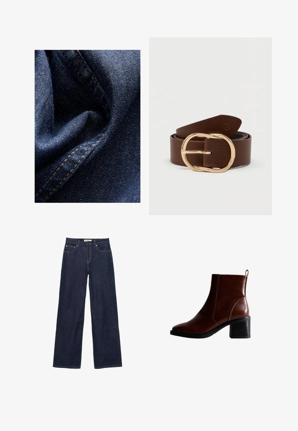 Tissu en denim bleu foncé avec une légère brillance, présentant une texture douce et froissée ainsi qu'une couture visible en fil beige contrastant.; Jean denim bleu foncé droit avec poches avant et poche monnaie, fermeture par boutons et coutures visibles sur fond blanc.; Bottine en cuir marron avec un bout carré et des coutures sur le côté, un talon empilé de 7,5 cm, et une languette au dos pour un enfilage facile.; Ceinture en cuir marron avec une grande boucle ovale en ton doré. Texture lisse avec un bord soigneusement surpiqué. Longueur ajustable pour un meilleur ajustement.